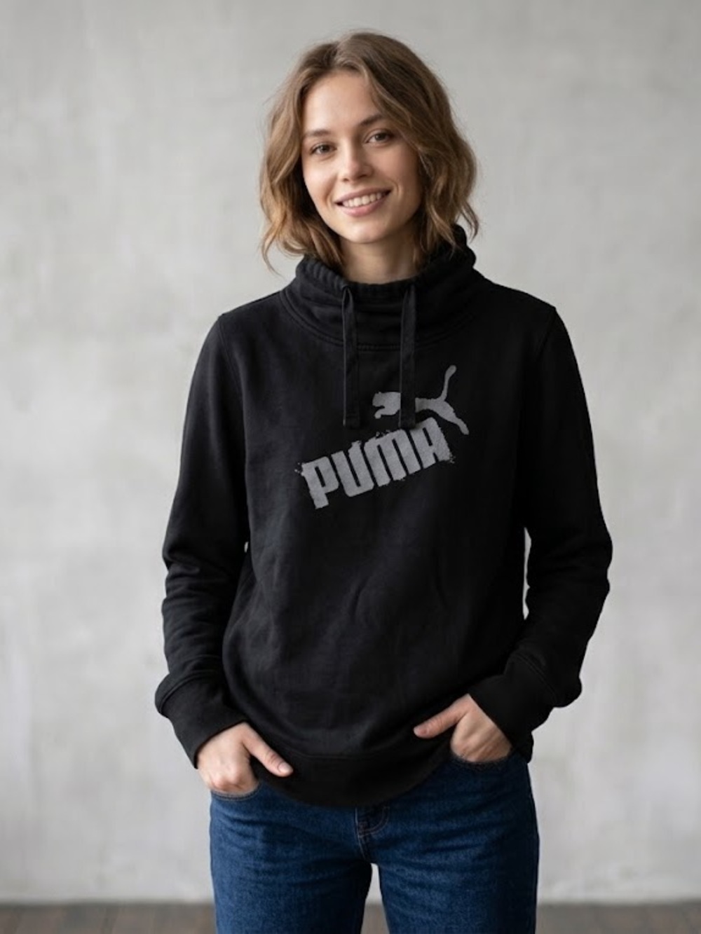 Puma Black Funnel-Neck Logo Sweatshirt Casual Cozy Sz XL